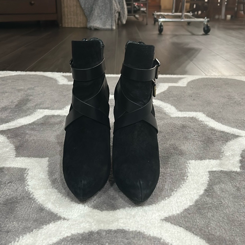 Charles David Black Suede Platform Booties With Gold Buckle Detail Size 7.5